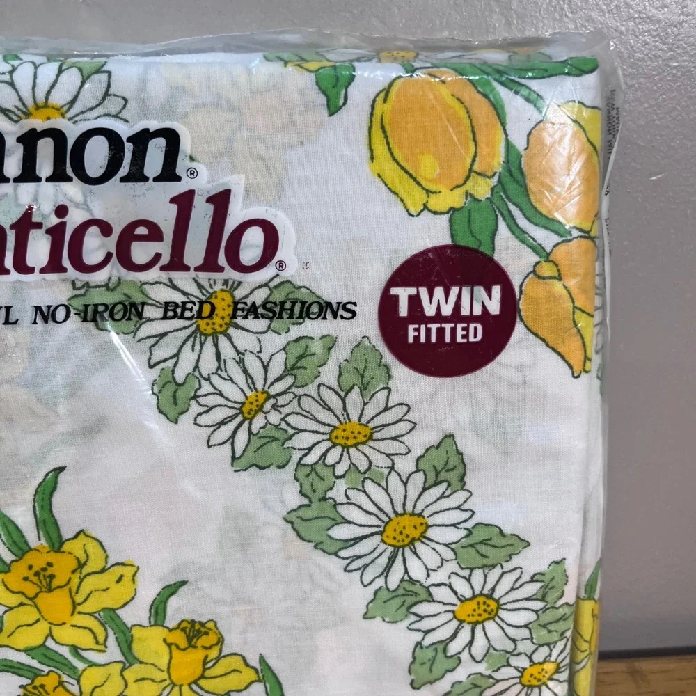 Vtg Cannon Monticello Twin Fitted Sheet Yellow Floral Daffodil Daisy NIP USA
